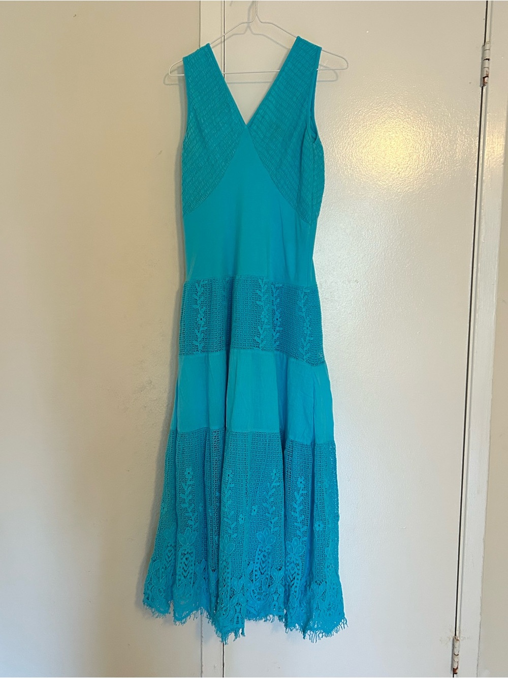 V Cristina Turquoise V-Neck Midi Dress with Lace Panels